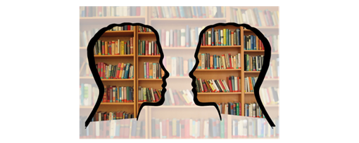 A silhouette of two heads looking at each other in front of a bookshelf.